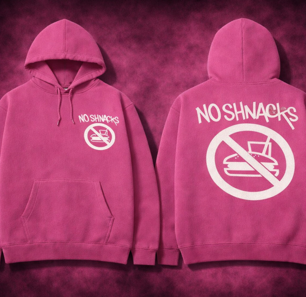 No Shnacks Pink Hoodie – White Puff Print
